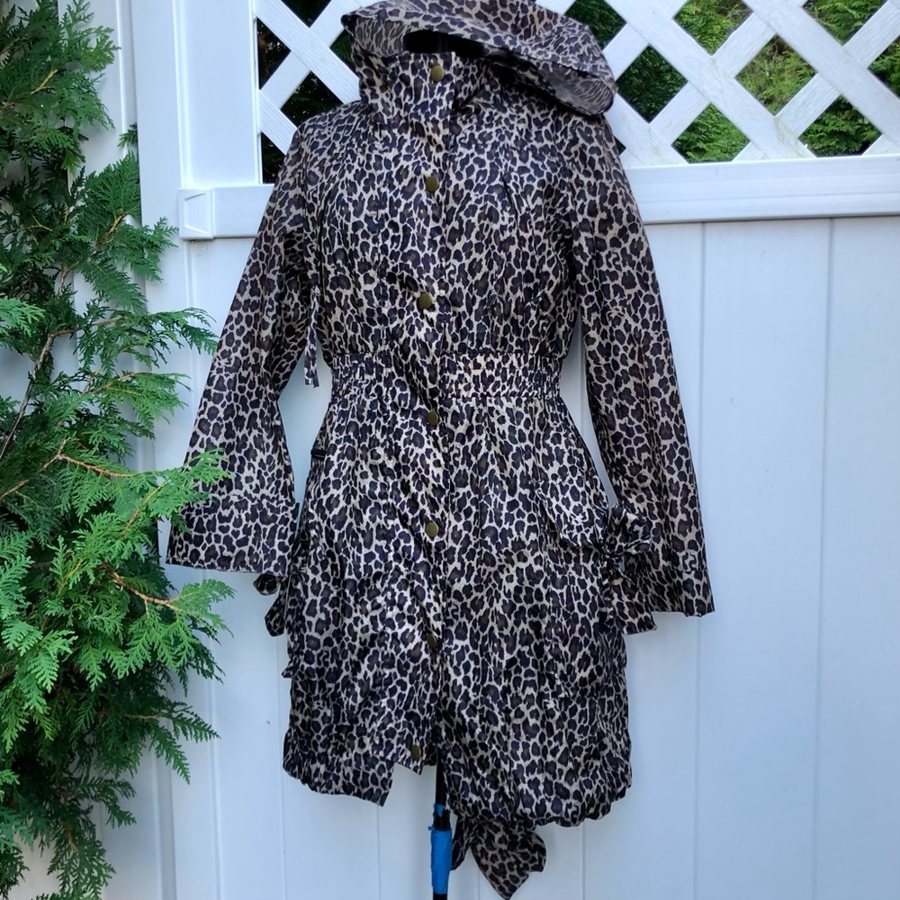 Leopard Print Hooded Raincoat Parka - Brown/Black